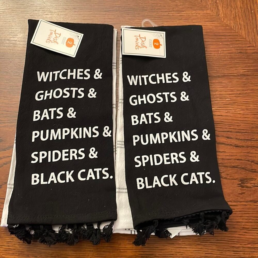 Set of 4 Halloween Dish Hand Towels Black White NWT